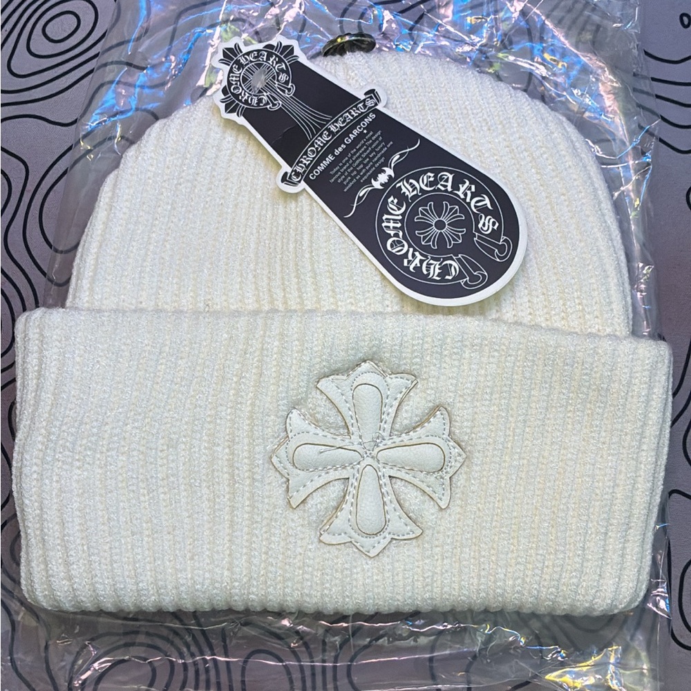 Chrome Hearts Ivory Knit Beanie with Cross Patch